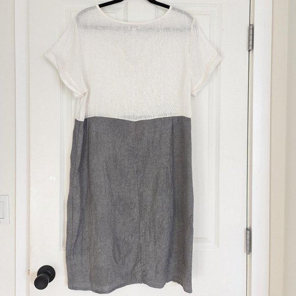 Lina Tomei 100% Linen Short Sleeve Colorblock Dress White & Grey Size L - Picture 2 of 11